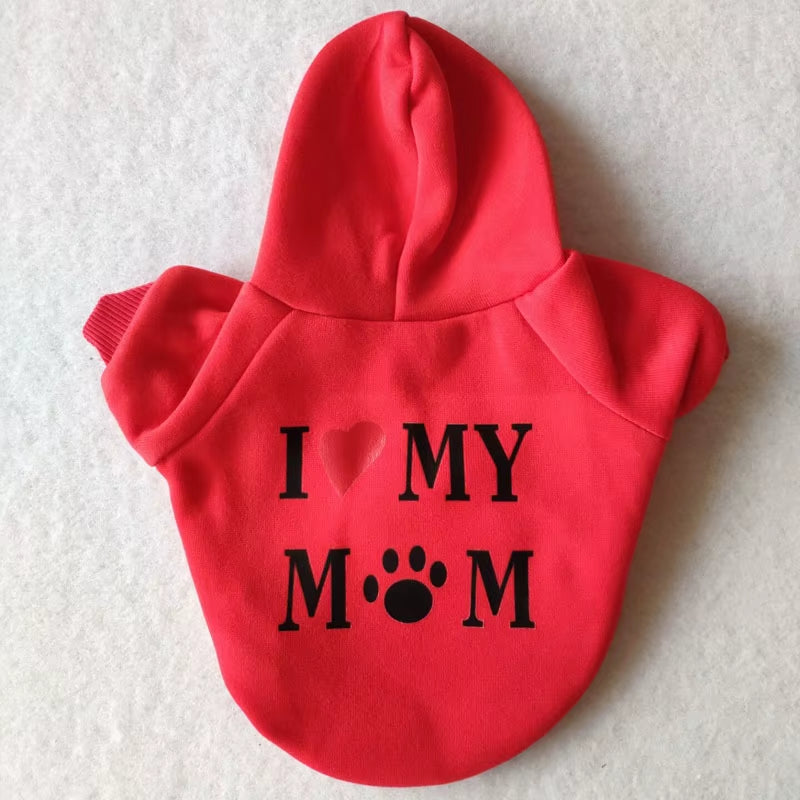 I Love My Mom" Dog Sweatshirt Hoodie - Pet Sweater for Cats and Dogs, Printed Jumper, Basic Black Coat, Warm Apparel for Boys and Girls, Size L