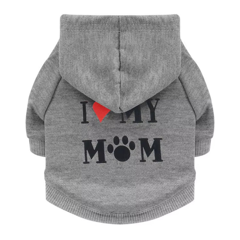 I Love My Mom" Dog Sweatshirt Hoodie - Pet Sweater for Cats and Dogs, Printed Jumper, Basic Black Coat, Warm Apparel for Boys and Girls, Size L