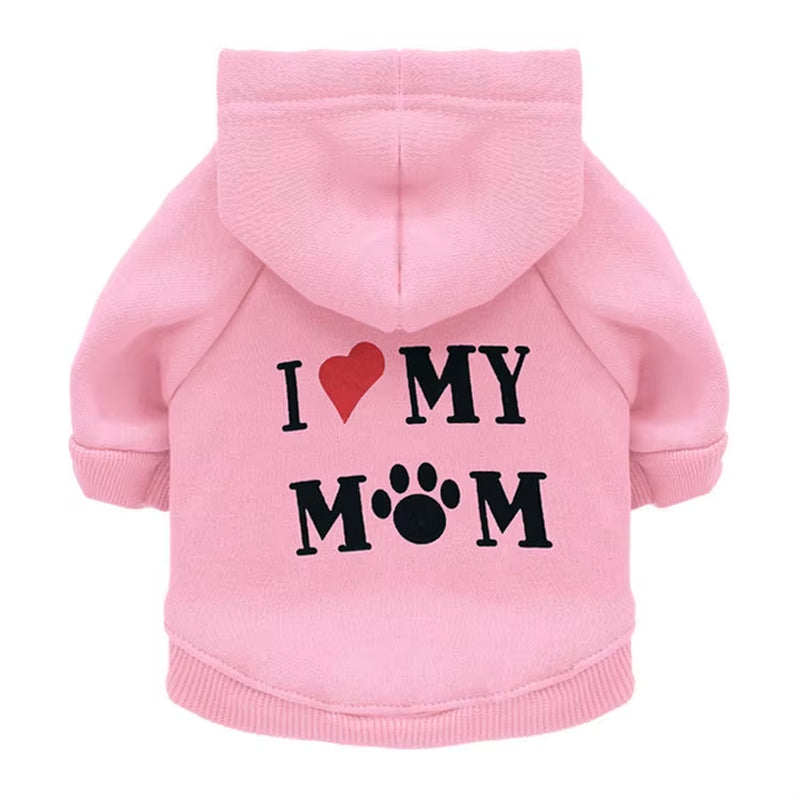 I Love My Mom" Dog Sweatshirt Hoodie - Pet Sweater for Cats and Dogs, Printed Jumper, Basic Black Coat, Warm Apparel for Boys and Girls, Size L