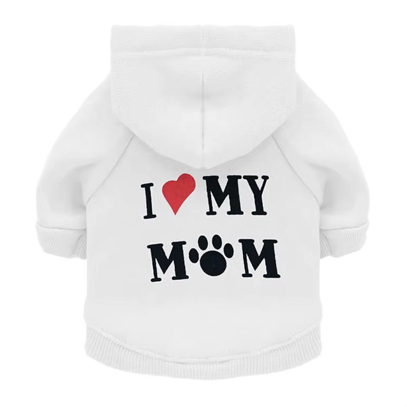 I Love My Mom" Dog Sweatshirt Hoodie - Pet Sweater for Cats and Dogs, Printed Jumper, Basic Black Coat, Warm Apparel for Boys and Girls, Size L